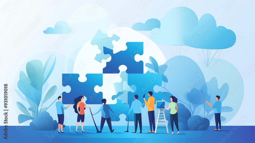 A diverse group of people collaborating to solve a large puzzle under a bright sky, representing teamwork and unity. A diverse group of people collaborating to solve a large puzzle under a bright sky, representing teamwork and unity.