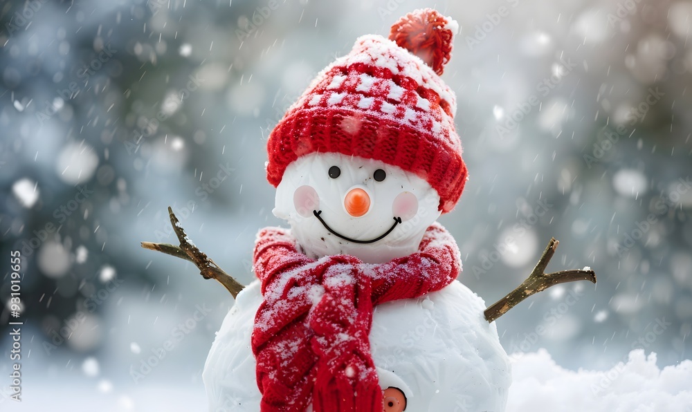 Panoramic view of happy snowman in winter secenery with copy space. Panoramic view of happy snowman in winter secenery with copy space.
