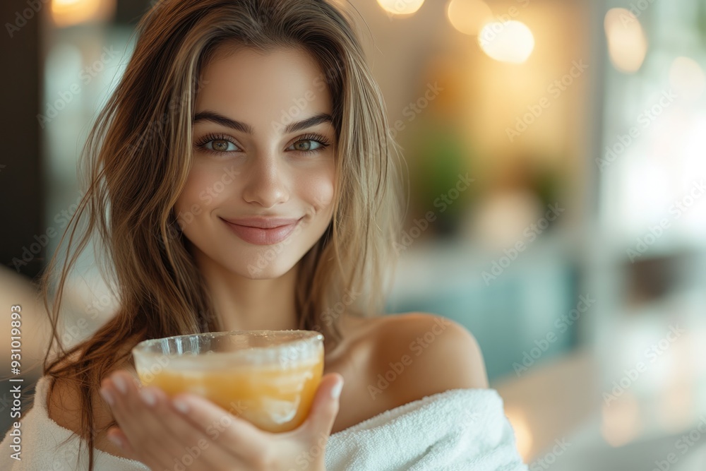 High-resolution brightly lit photorealistic candid photograph of a beautiful presenter woman in a spa, softly smiling as she enjoys a warm paraffin hand treatment, exuding relaxation. The photograph High-resolution brightly lit photorealistic candid photograph of a beautiful presenter woman in a spa, softly smiling as she enjoys a warm paraffin hand treatment, exuding relaxation. The photograph