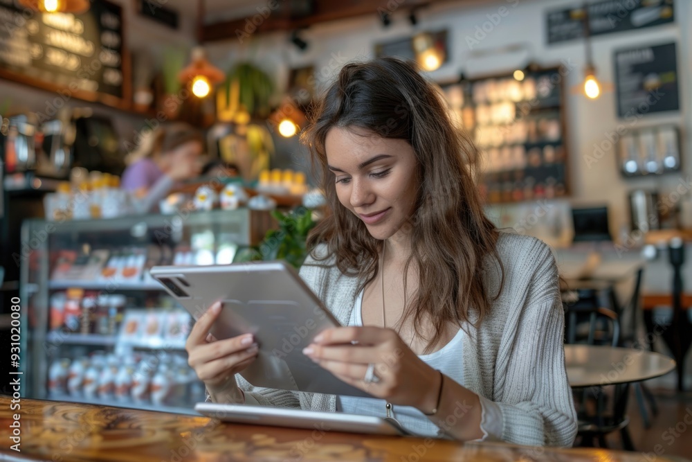 Woman with tablet completing e-commerce transaction, professional working remotely, cafe setting Woman with tablet completing e-commerce transaction, professional working remotely, cafe setting