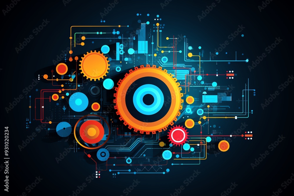 Colorful gears and circuits blend in a modern tech design. Ideal for innovation, engineering, or digital technology themes. Colorful gears and circuits blend in a modern tech design. Ideal for innovation, engineering, or digital technology themes.