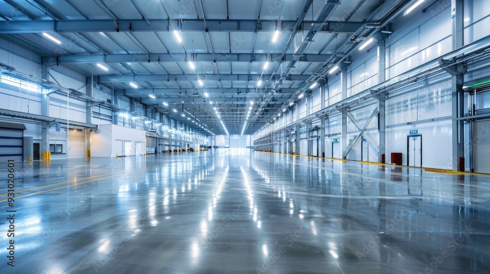 A clean, empty warehouse featuring high-tech infrastructure and bright, clear lighting. The polished floors and organized space emphasize its modernity. A clean, empty warehouse featuring high-tech infrastructure and bright, clear lighting. The polished floors and organized space emphasize its modernity.