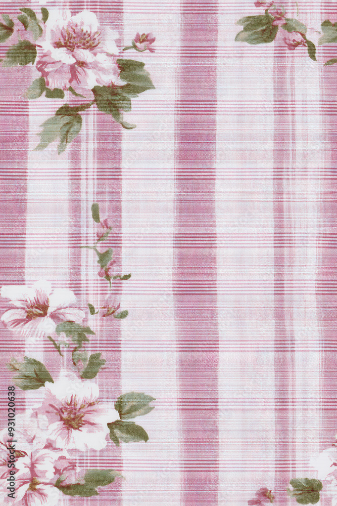 Soft pink striped fabric with floral accents featuring delicate white and pink flowers and green leaves