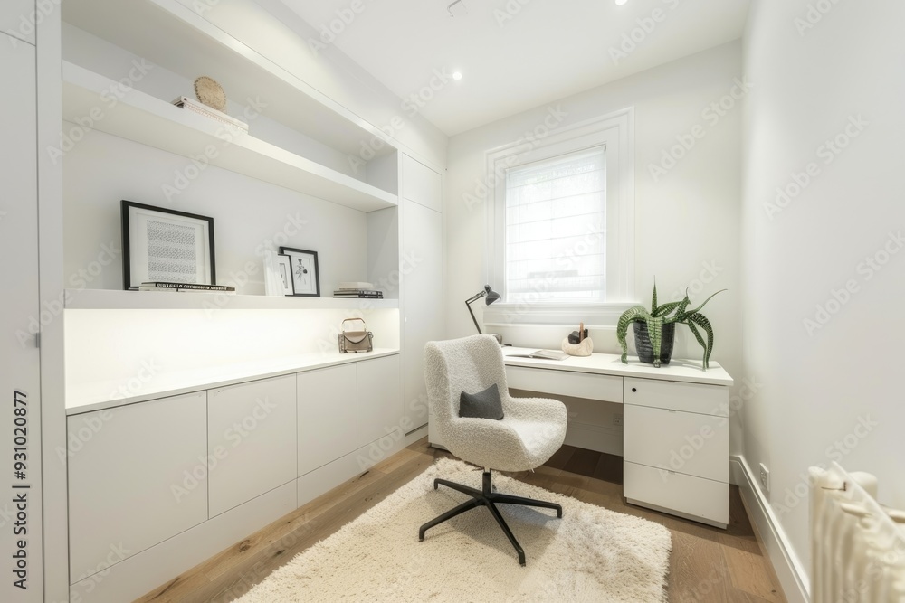 Modern white home office with minimal furniture, cozy chair, and bright lighting Modern white home office with minimal furniture, cozy chair, and bright lighting