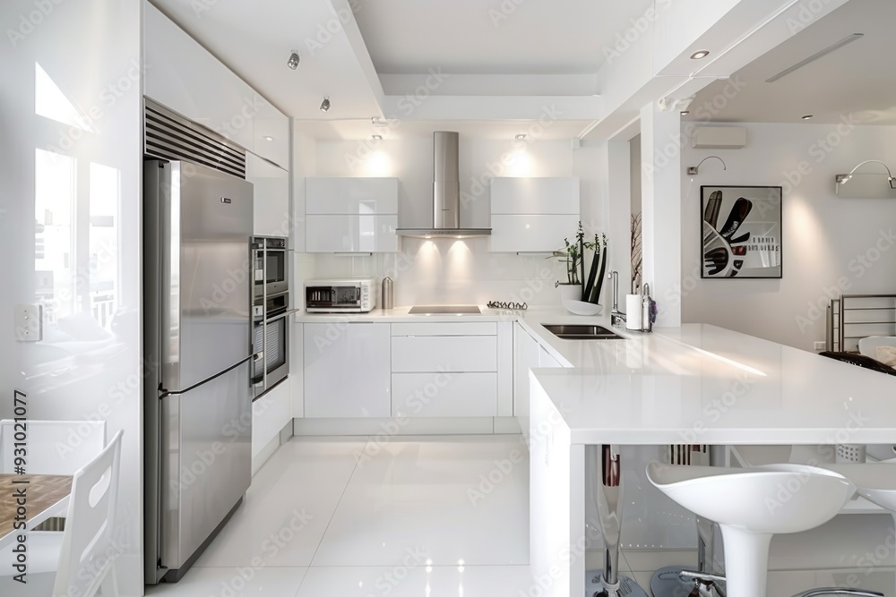 Modern white kitchen with sleek appliances, cozy breakfast area, and minimalistic decor Modern white kitchen with sleek appliances, cozy breakfast area, and minimalistic decor