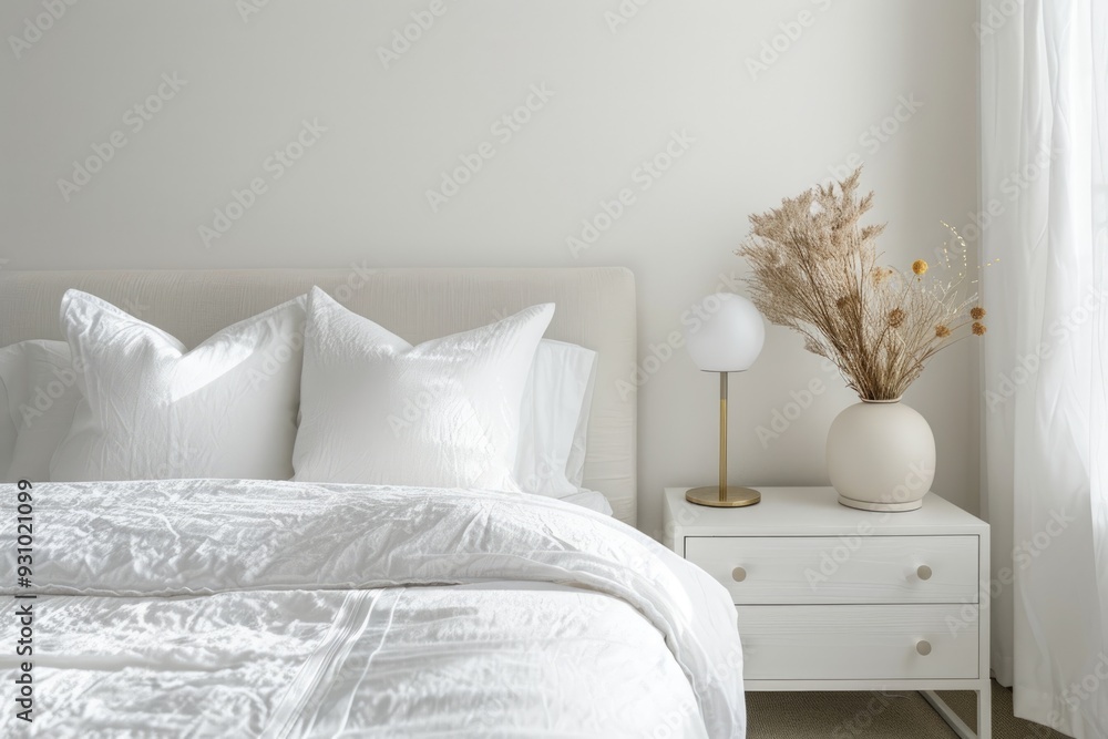 Modern minimal white bedroom with white linens and a simple nightstand, creating a peaceful environment. Modern minimal white bedroom with white linens and a simple nightstand, creating a peaceful environment.