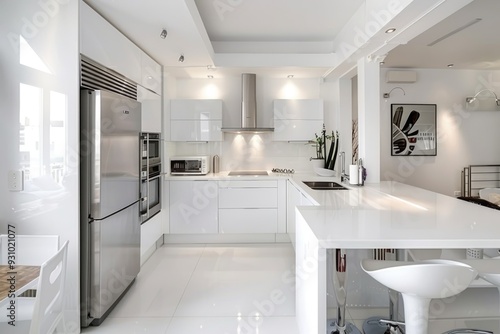 Wallpaper Mural Modern white kitchen with sleek appliances, cozy breakfast area, and minimalistic decor Torontodigital.ca