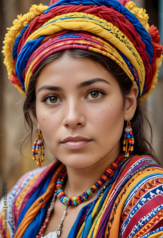 Fototapeta premium Hispanic woman with traditional colorful hat and necklace.
