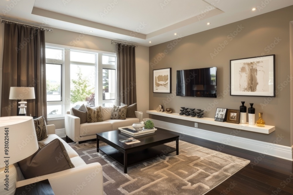 Elegant modern living room with neutral tones and stylish touches Elegant modern living room with neutral tones and stylish touches
