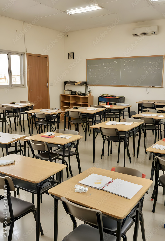 Tables in a classroom with white walls and a green board. Tables in a classroom with white walls and a green board.