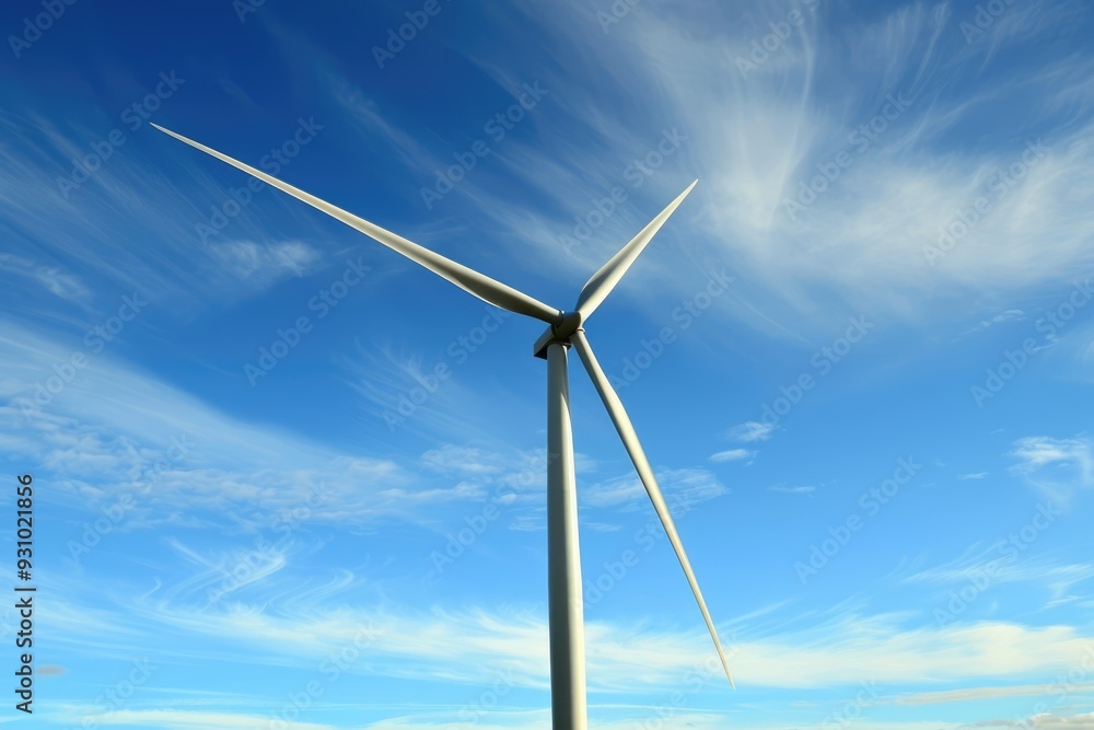 Dynamic angle shot of wind turbine, green energy concept, against blue sky Dynamic angle shot of wind turbine, green energy concept, against blue sky