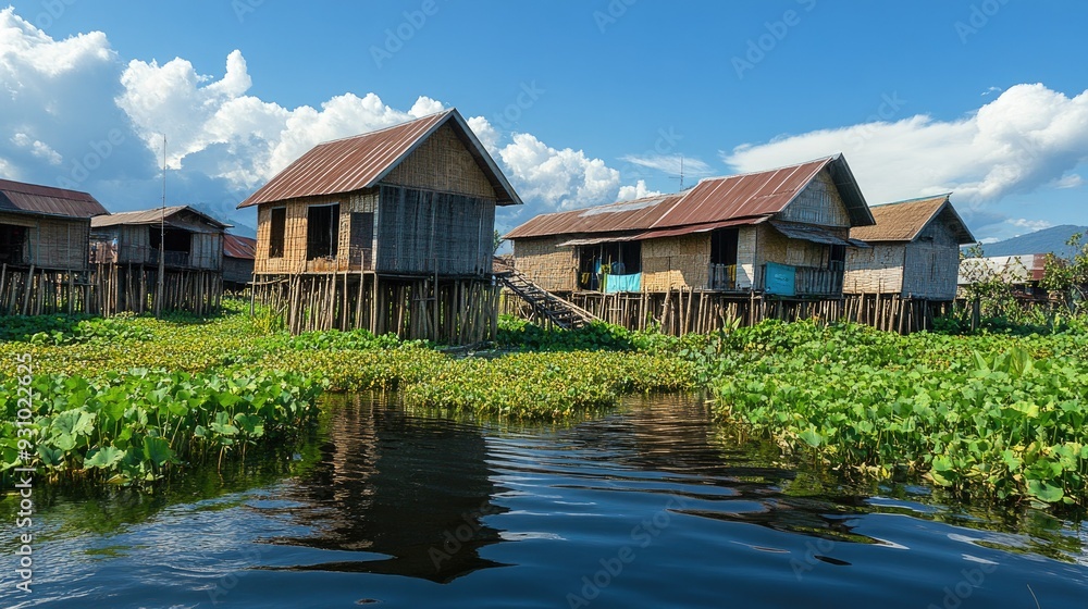The floating gardens of Inle Lake, Myanmar, with traditional stilt houses. Copy space available