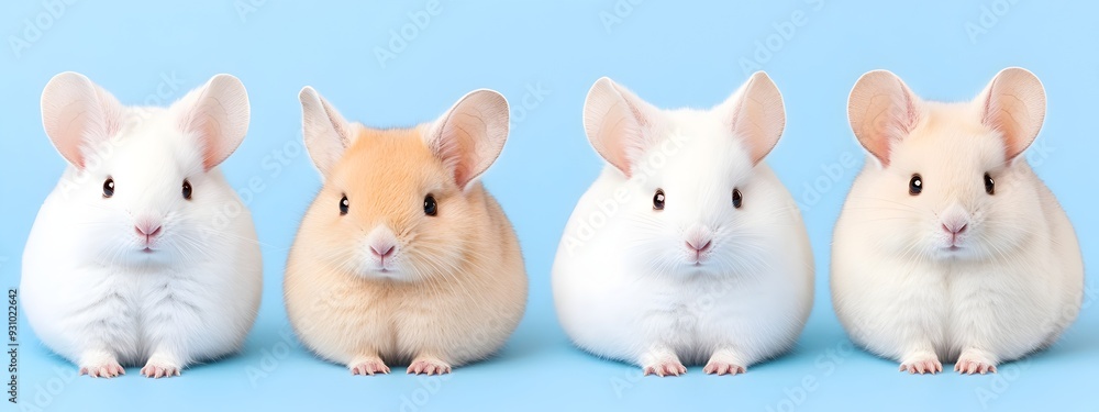 Adorable Group of Fluffy Chinchilla Pets Posing on White Background Adorable Group of Fluffy Chinchilla Pets Posing on White Background