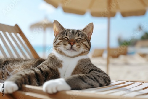 Relaxed Cat on Beach Chair, Content cat lounging on a beach chair, Blissful Relaxation.