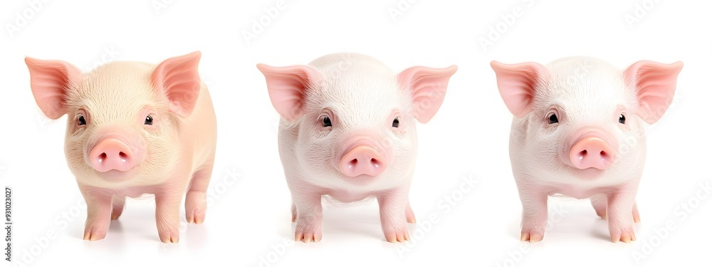 Three Adorable Vietnamese Pot Bellied Piglets Posing in Studio Against White Background Three Adorable Vietnamese Pot Bellied Piglets Posing in Studio Against White Background