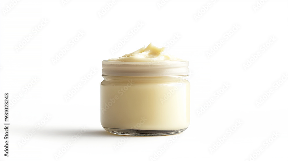 mayonnaise with a label, placed on a white background. The image highlights the sauce’s smooth texture and pale color mayonnaise with a label, placed on a white background. The image highlights the sauce’s smooth texture and pale color