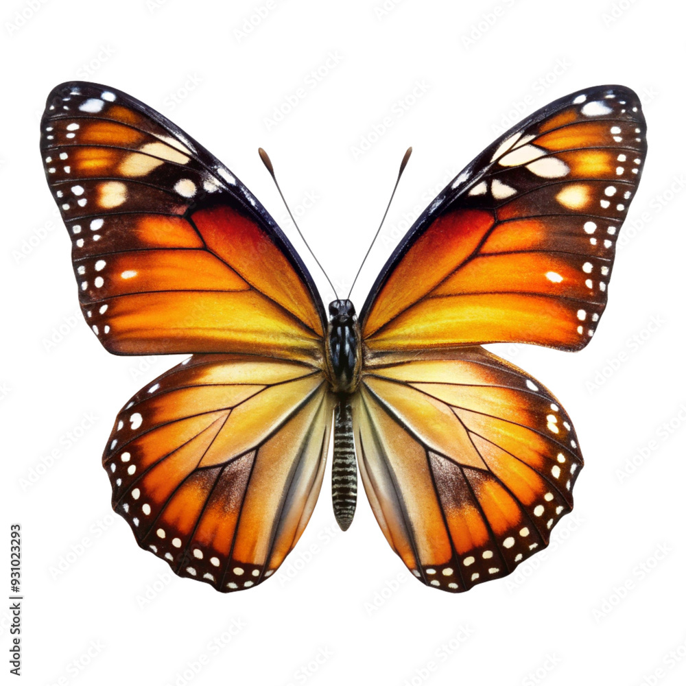 Obraz premium Monarch Butterfly Wings Unfurled: A vibrant orange and black monarch butterfly with its wings fully extended against a clean white background. 