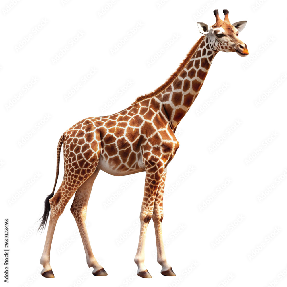 Giraffe in the Spotlight: A majestic giraffe stands tall, its long neck reaching towards the sky, against a crisp white background. The intricate pattern of its coat is highlighted in this stunning ph Giraffe in the Spotlight: A majestic giraffe stands tall, its long neck reaching towards the sky, against a crisp white background. The intricate pattern of its coat is highlighted in this stunning ph