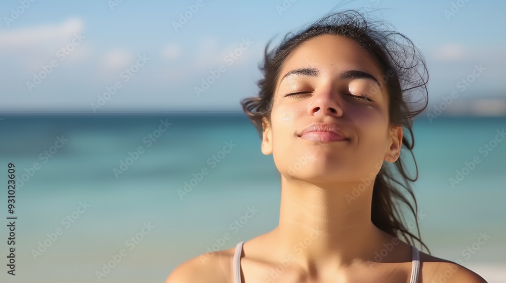 A young woman with her eyes closed, basking in the warm sun on a sandy beach, with the ocean in the background. A young woman with her eyes closed, basking in the warm sun on a sandy beach, with the ocean in the background.