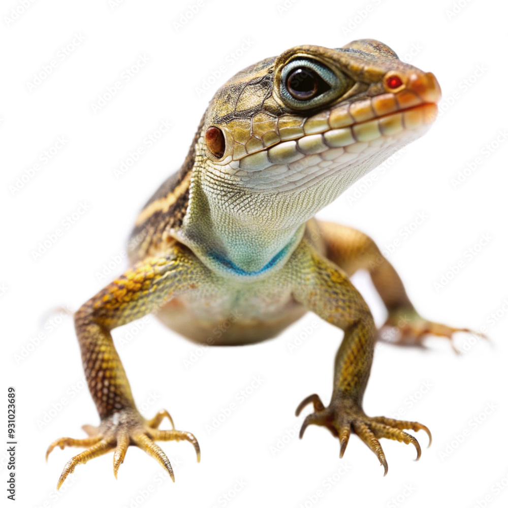 Naklejka premium Curious Lizard: A close-up portrait of a vibrant, inquisitive lizard, captured against a clean white background. Its bright eyes and intricate patterns make it an engaging subject for nature lovers an