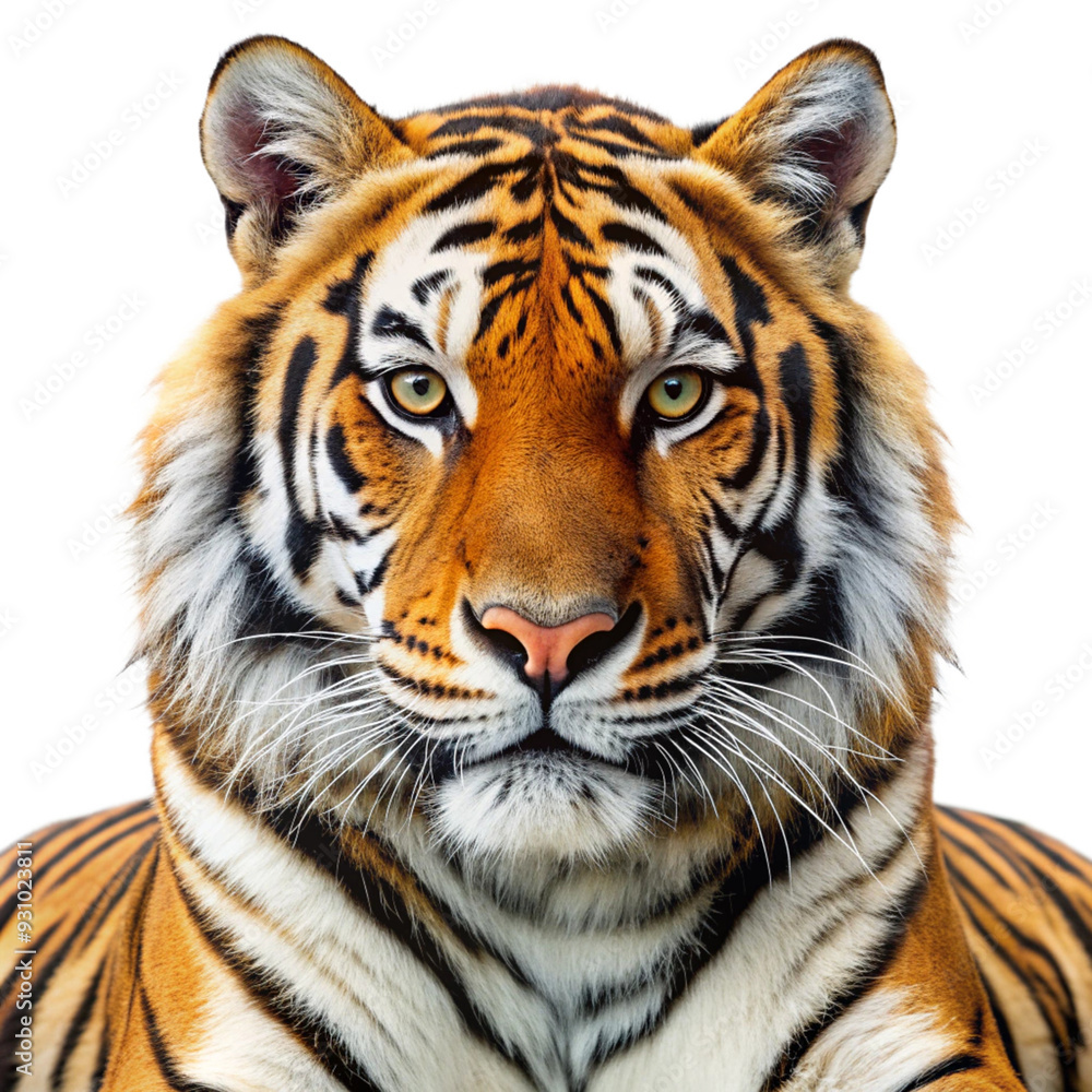 The Unwavering Gaze: A majestic tiger stares directly at the viewer, its piercing gaze conveying power and primal beauty on a clean white backdrop.  