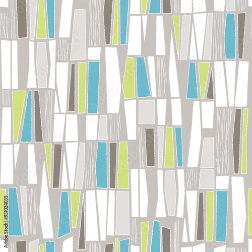 Mid-century modern geometric box shapes, trapezoid, rhomboid, parallelogram seamless pattern. Retro 1950s background