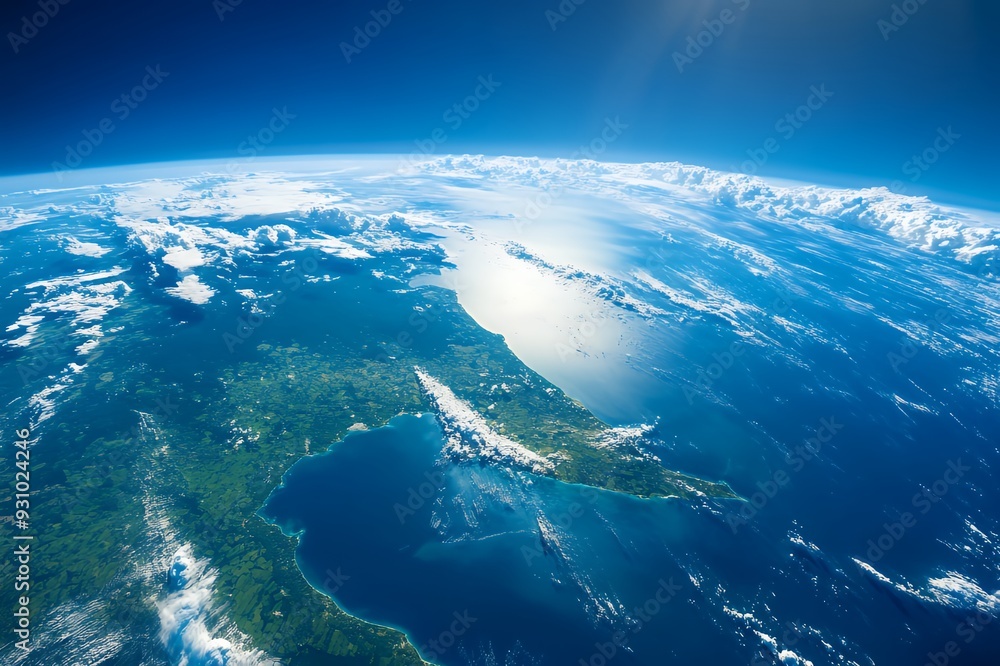 A breathtaking view of Earth from space, showcasing a vast expanse of blue ocean, white clouds, and green landmasses. The sun shines brightly, casting a warm glow over the planet. A breathtaking view of Earth from space, showcasing a vast expanse of blue ocean, white clouds, and green landmasses. The sun shines brightly, casting a warm glow over the planet.