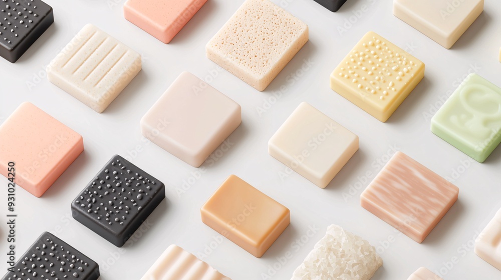 Fototapeta premium Organic soap bars, with natural textures and colors, 3D illustration