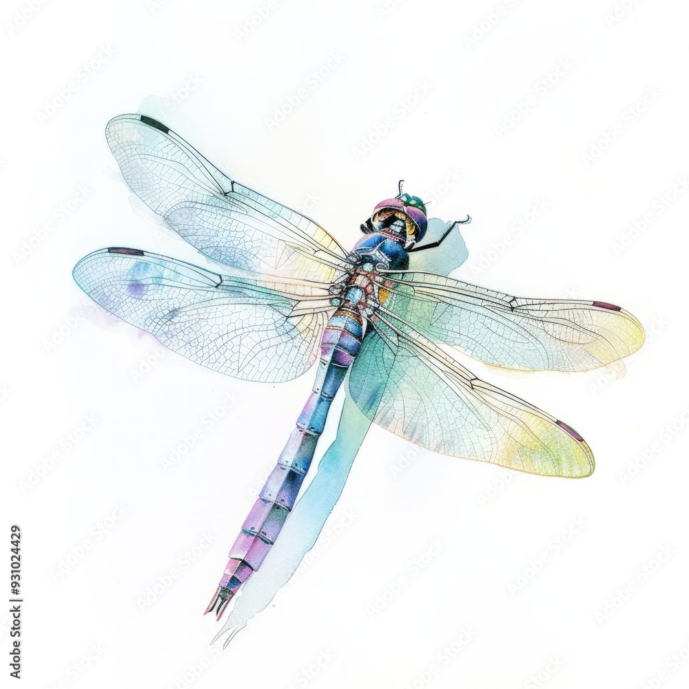 Watercolor painting of a dragonfly, with its transparent wings and iridescent body shimmering in the sunlight, on isolated white background Watercolor painting of a dragonfly, with its transparent wings and iridescent body shimmering in the sunlight, on isolated white background