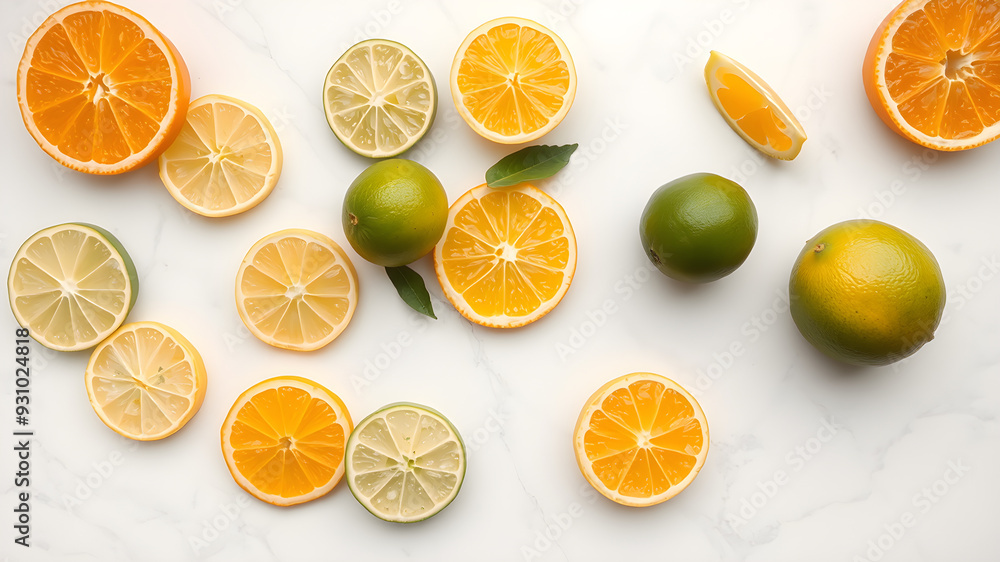 Citrus fruits like oranges, lemons, and limes sliced and displayed on a white marble background, high resolution Citrus fruits like oranges, lemons, and limes sliced and displayed on a white marble background, high resolution