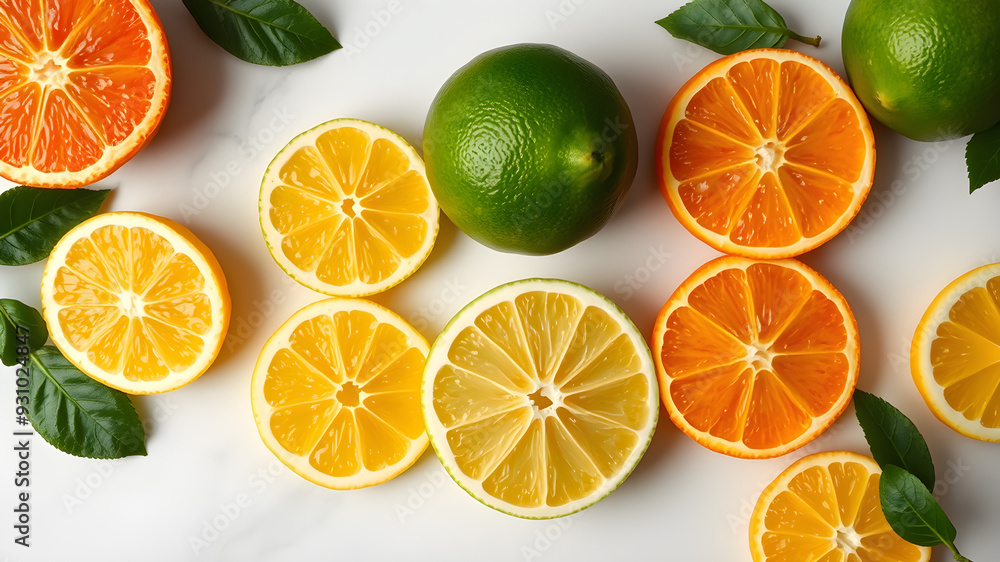 Fototapeta premium Citrus fruits like oranges, lemons, and limes sliced and displayed on a white marble background, high resolution
