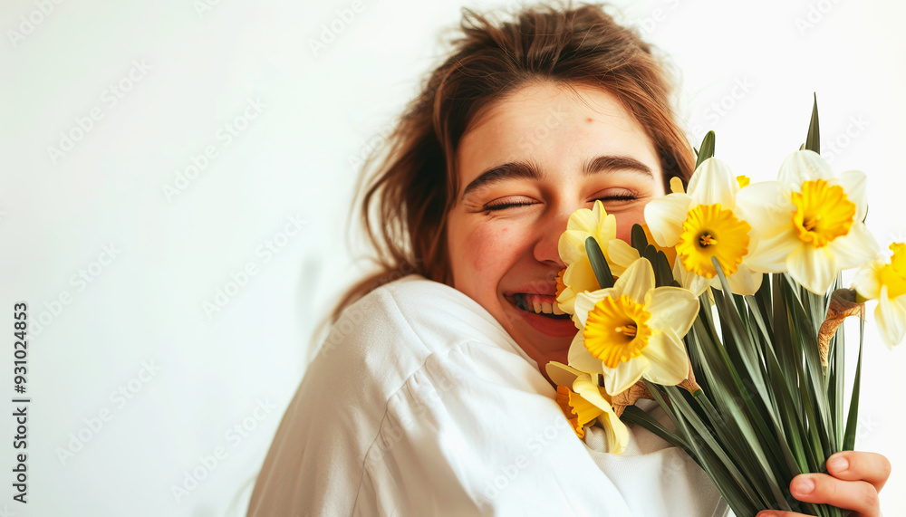 Woman in White Shirt Smiling Holding a Bouquet of Yellow Daffodils Woman in White Shirt Smiling Holding a Bouquet of Yellow Daffodils