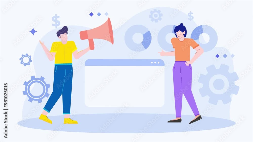 people discussing business growth with graphs, gears, and symbols representing finance and strategy illustration business animated video people discussing business growth with graphs, gears, and symbols representing finance and strategy illustration business animated video
