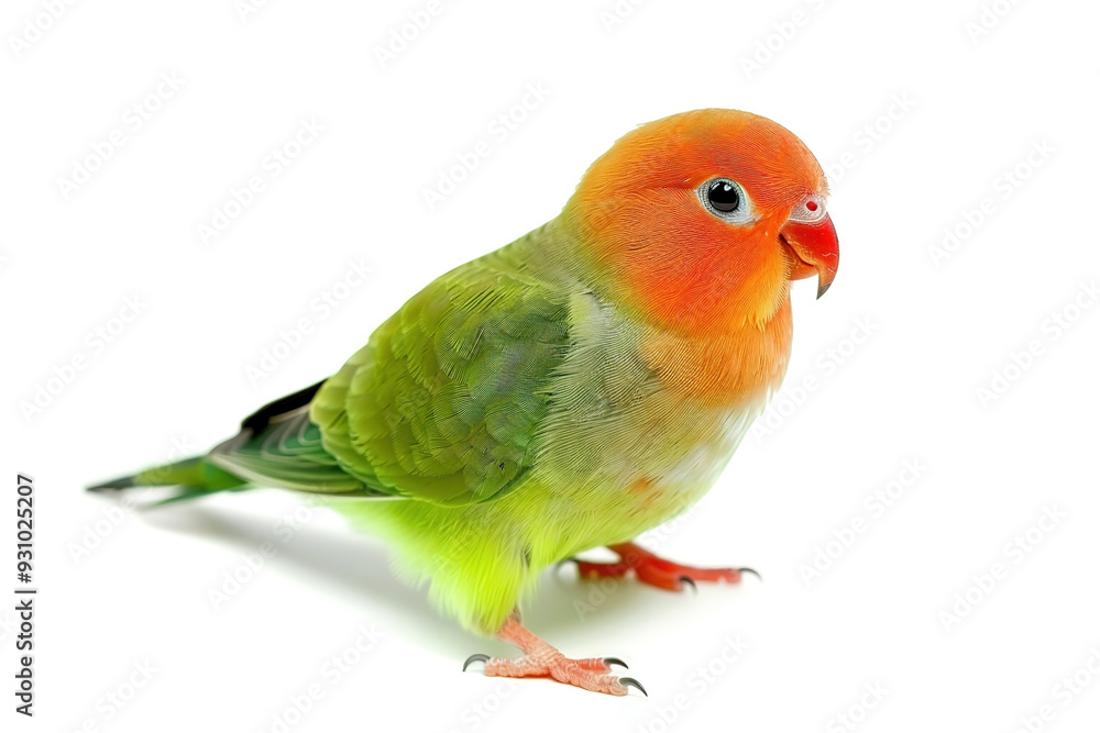 A colorful lovebird perched on a white background. Its vibrant feathers are a mix of orange, yellow, and green, with a bright red head. Bird. Wildlife Animals. A colorful lovebird perched on a white background. Its vibrant feathers are a mix of orange, yellow, and green, with a bright red head. Bird. Wildlife Animals.