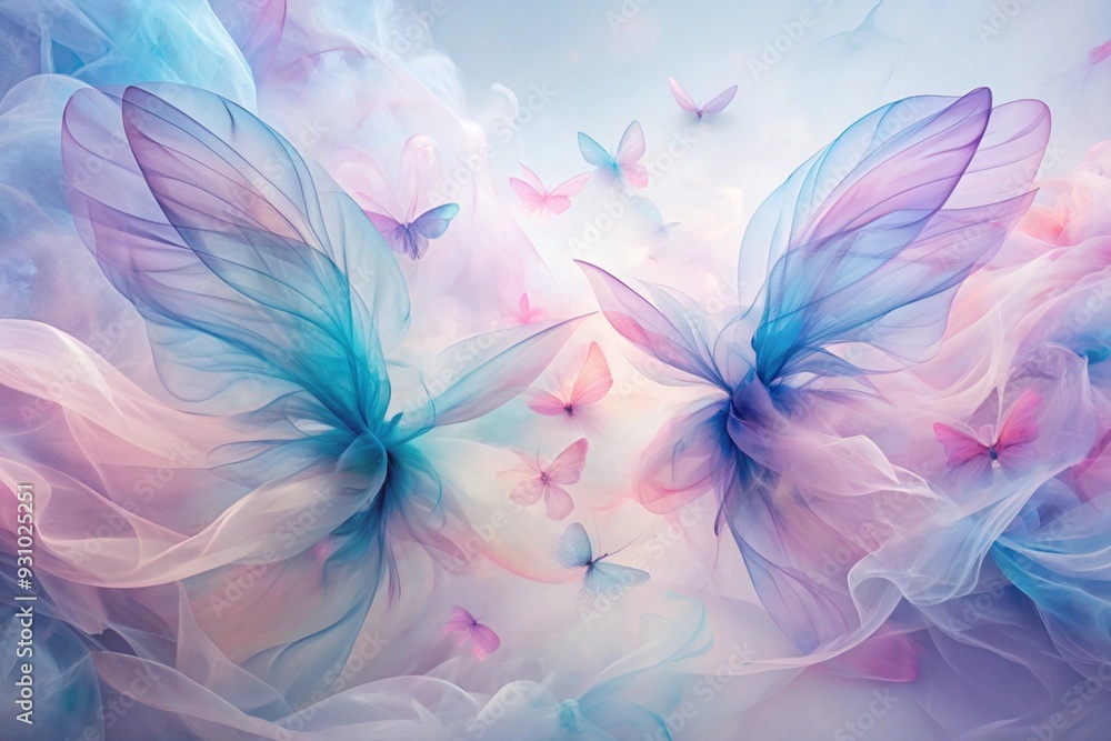Obraz premium Dreamy Pastel Butterfly: A watercolor butterfly with delicate, translucent wings awash in soft pink and blue hues, evoking a sense of ethereal beauty and tranquility. 