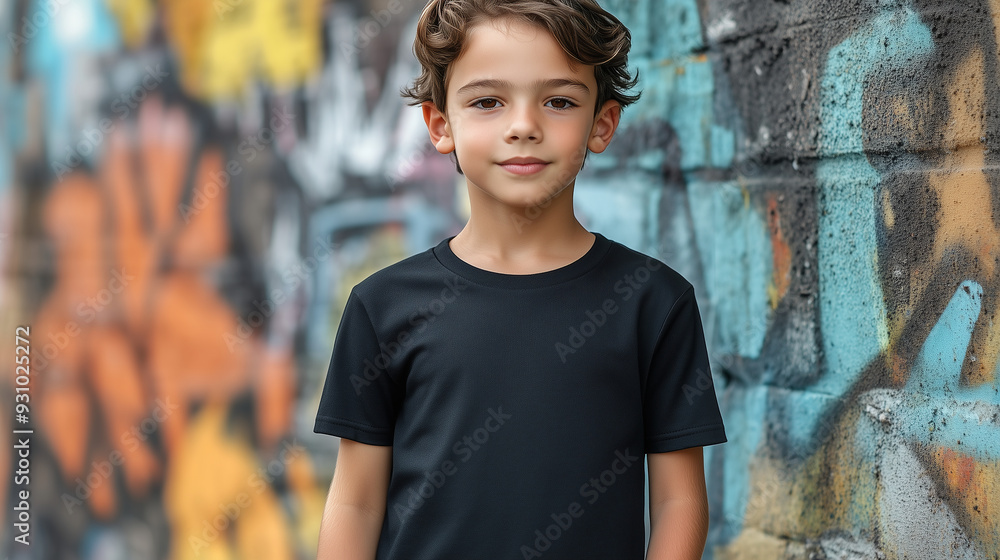 Urban Portrait of a Young Boy in a Black Cotton T-Shirt, Perfect for Casual Attire Mockups Urban Portrait of a Young Boy in a Black Cotton T-Shirt, Perfect for Casual Attire Mockups