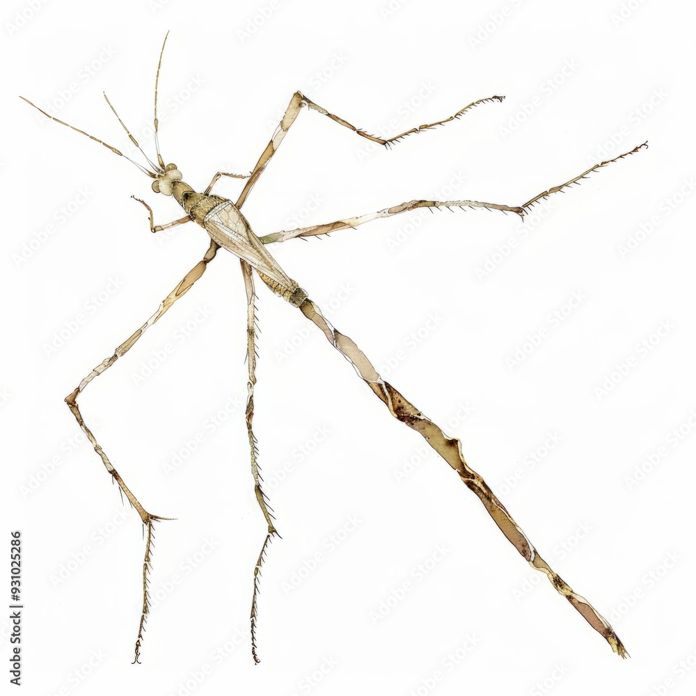 Watercolor painting of a stick insect, blending seamlessly into its surroundings with its slender body, on isolated white background Watercolor painting of a stick insect, blending seamlessly into its surroundings with its slender body, on isolated white background