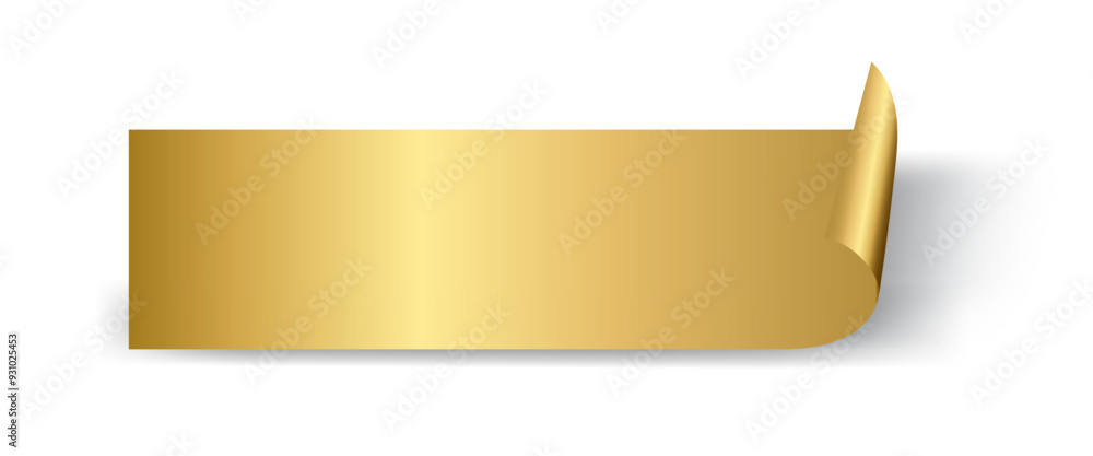 Rectangle gold paper sticker with curl vector illustration. Sticker blank page leaf with curved rolled glossy shiny, empty flip document, template design element isolated on white background. Rectangle gold paper sticker with curl vector illustration. Sticker blank page leaf with curved rolled glossy shiny, empty flip document, template design element isolated on white background.