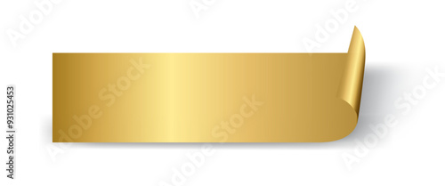 Rectangle gold paper sticker with curl vector illustration. Sticker blank page leaf with curved rolled glossy shiny, empty flip document, template design element isolated on white background.