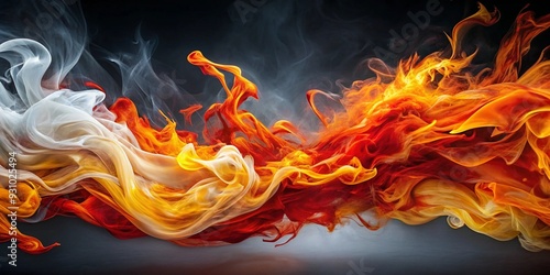 Fiery Dance: A captivating abstract photograph of fire and smoke, showcasing a mesmerizing interplay of vibrant orange and white hues against a dark backdrop. 