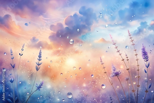 Dreamy Rain: A serene and ethereal watercolor illustration captures the beauty of a lavender field bathed in the soft glow of a setting sun. Raindrops dance through the air, creating a magical atmosph