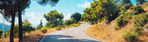 A winding road surrounded by lush greenery, inviting travelers to explore scenic landscapes and enjoy nature's beauty.