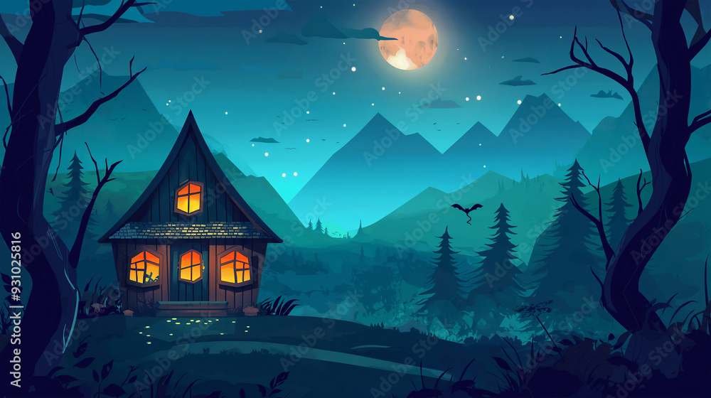 Fototapeta premium The House in night forest with mountain and firefly game background, Illustration