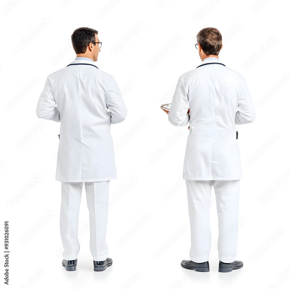 Two Doctors in White Uniforms Discussing Medical Matters in a Clinical Setting Two Doctors in White Uniforms Discussing Medical Matters in a Clinical Setting