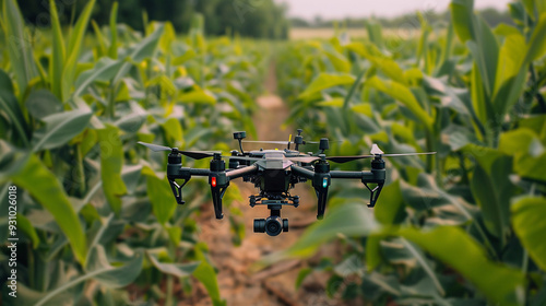 A drone flying over a large farmer's corn field with crops.