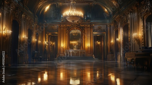 Ornate ballroom with grand chandelier, ornate details, and a marble floor.