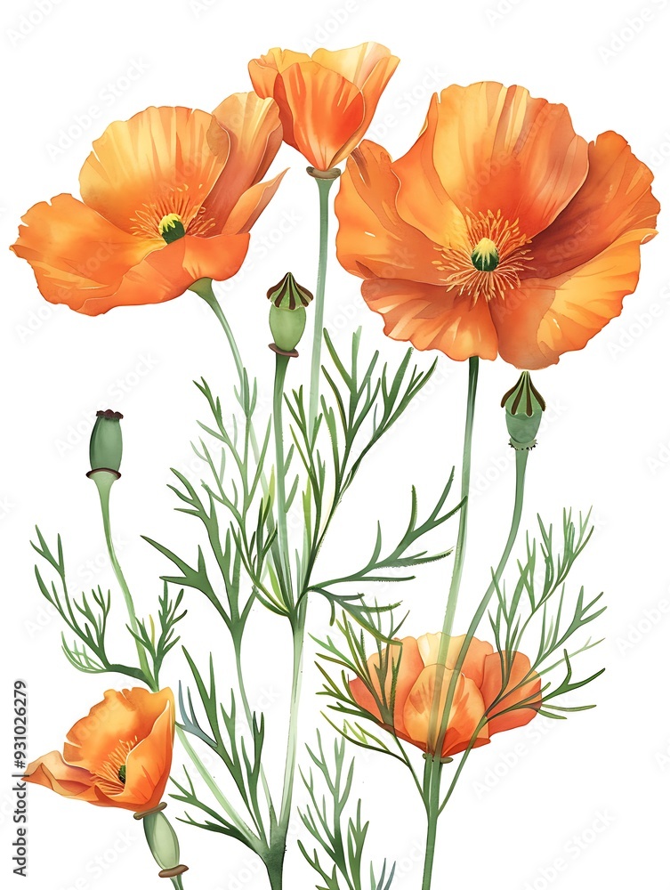 Fototapeta premium Watercolor Orange Poppy Isolated on White Background. Beautiful Poppy Flower