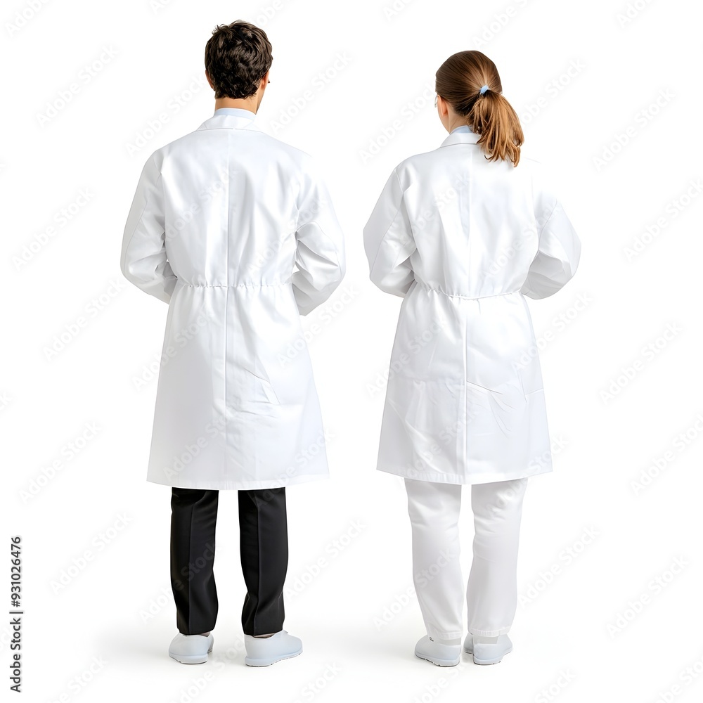 Two Researchers Discussing Something in a Laboratory Setting on a White Background Two Researchers Discussing Something in a Laboratory Setting on a White Background