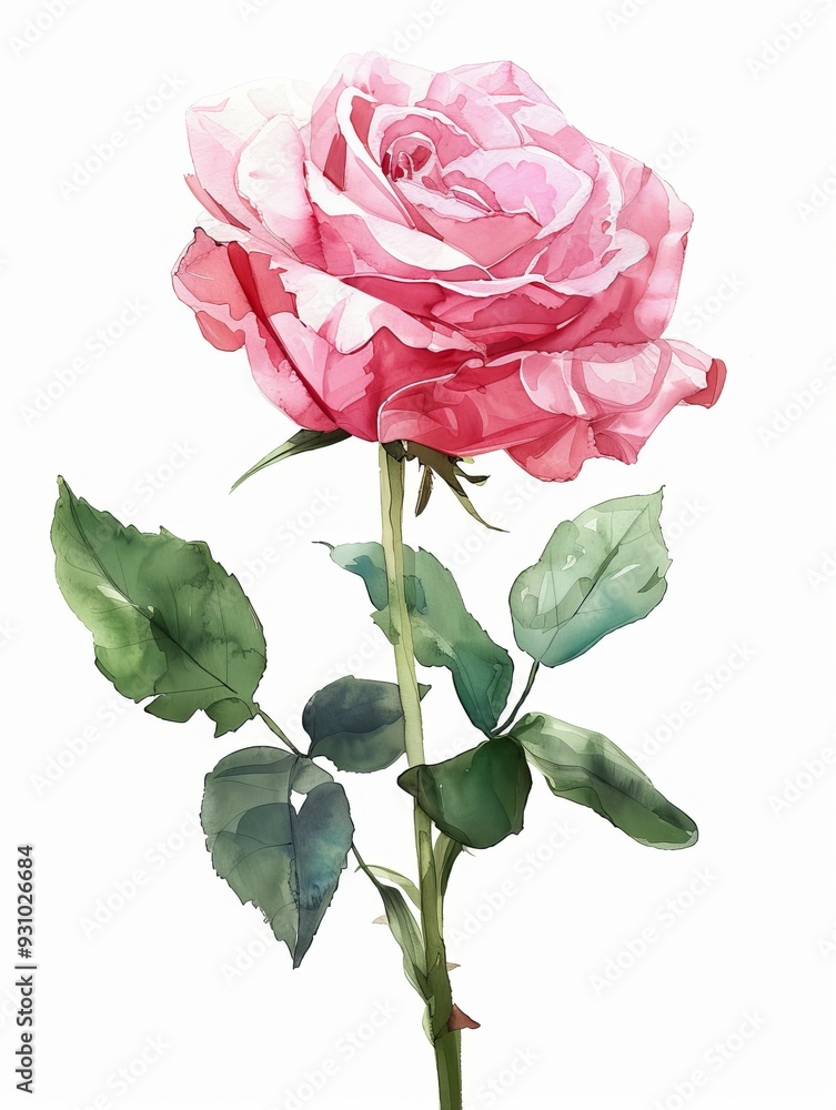 Fototapeta premium Watercolor Pink Rose Isolated on White Background. Beautiful Rose Flower