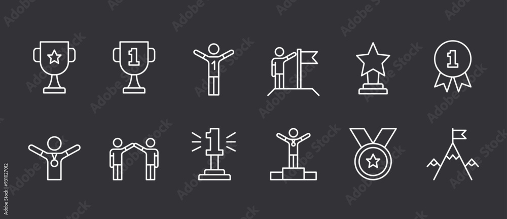 Champion, first place - flat line icons set, editable stroke, dark background, vector eps10 illustration Champion, first place - flat line icons set, editable stroke, dark background, vector eps10 illustration